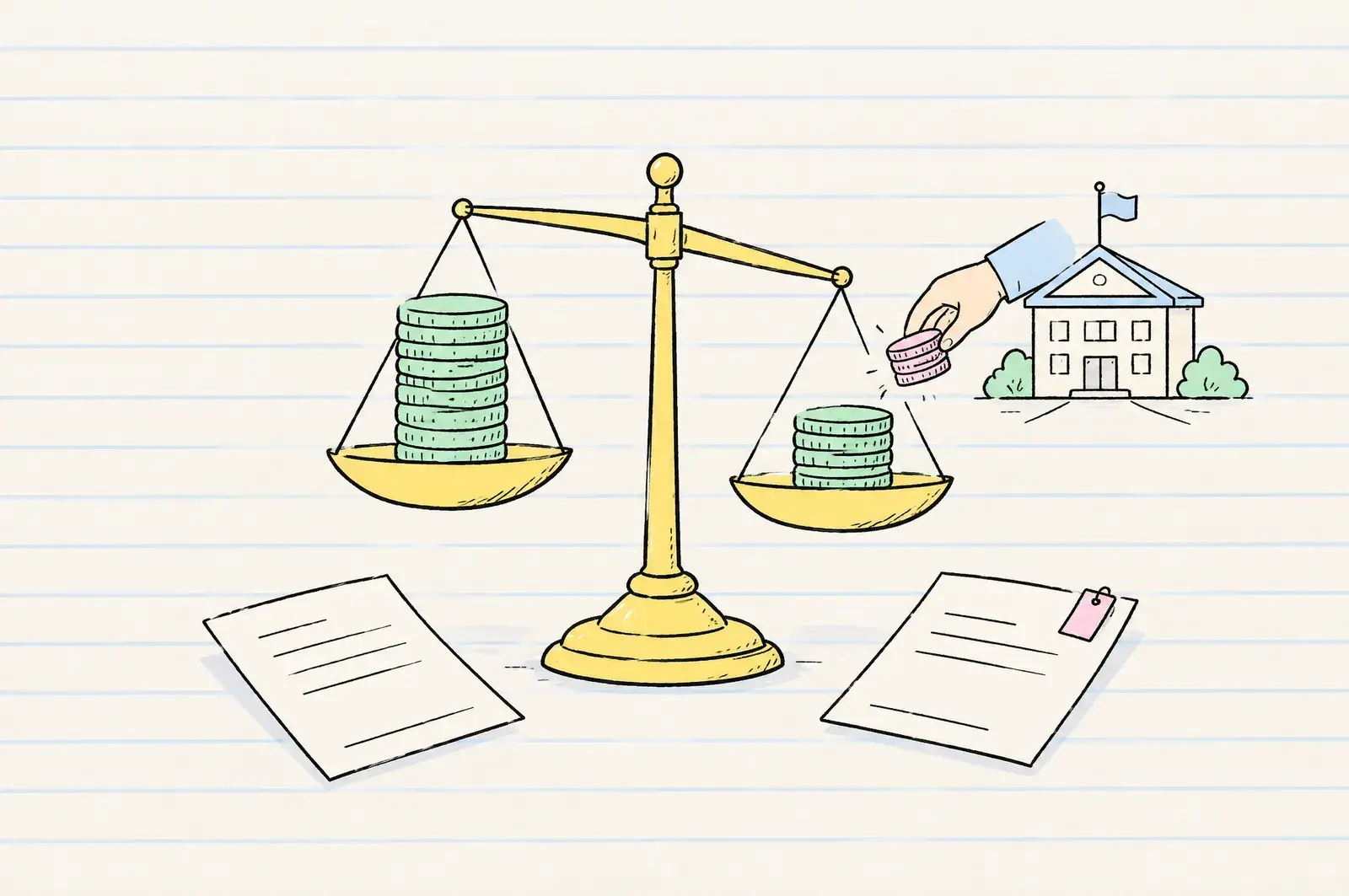 Waage mit hohem Münzstapel links und niedrigerem rechts, ein Stapel wandert zu einem Finanzamt-Gebäude