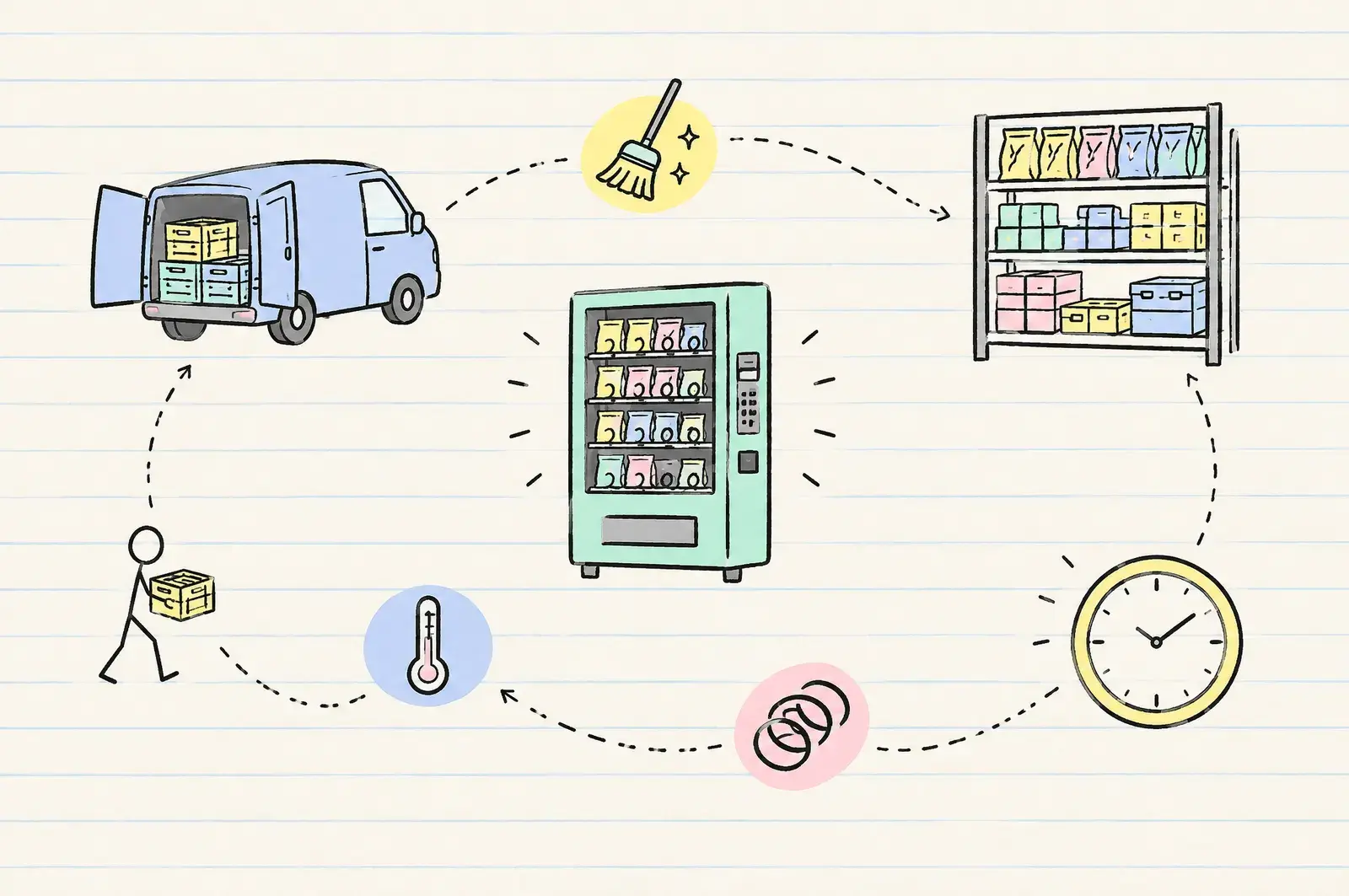 Gestrichelter Rundweg zwischen Transporter, Großhandelsregal, Snackautomat, Uhr, Thermometer und Besen – die wiederkehrende Arbeit hinter einem Automaten
