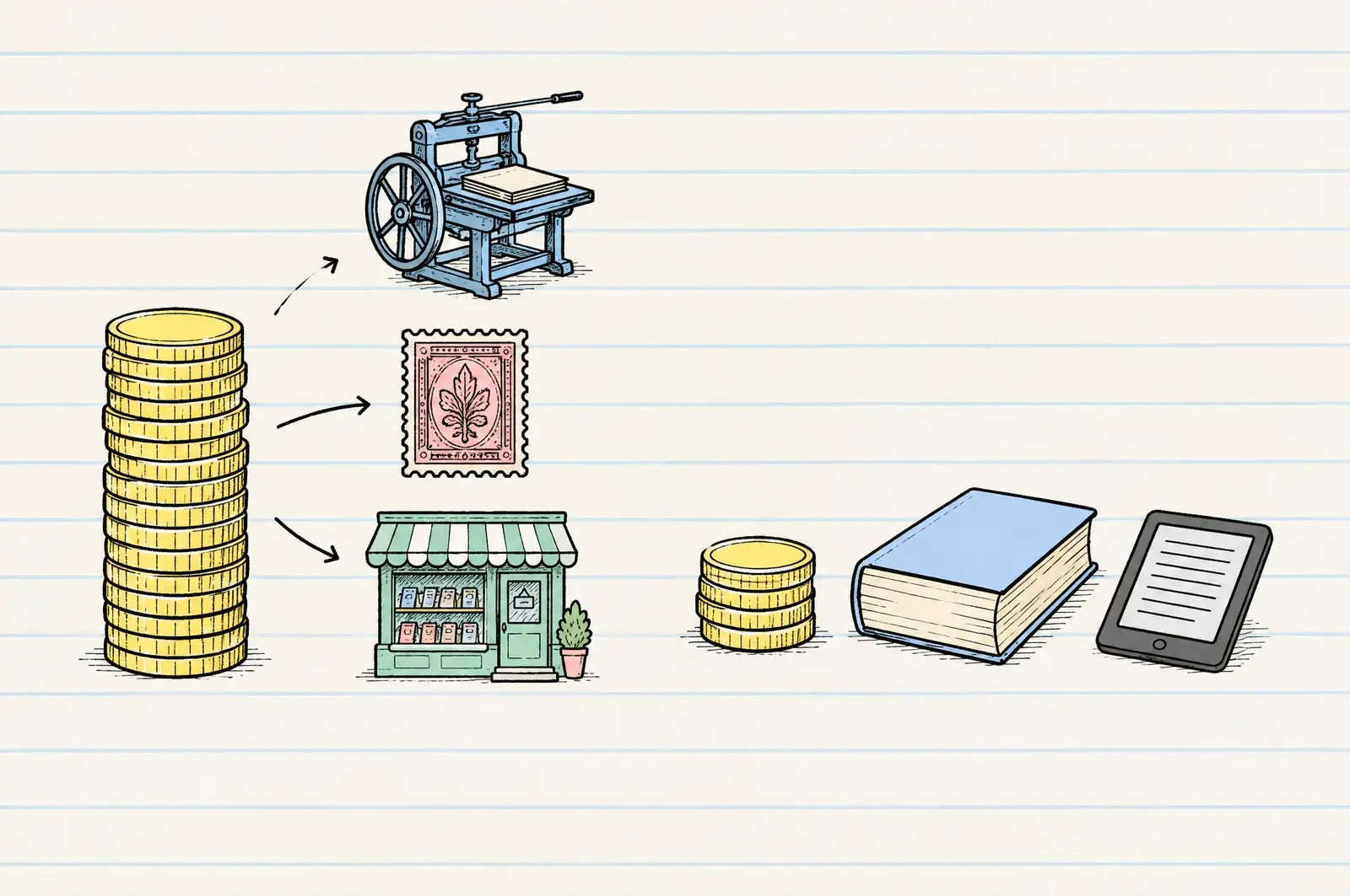 Hoher Münzstapel mit Pfeilen zu Druckmaschine, Briefmarke und Buchladen, daneben wenige Münzen, Buch und E-Reader
