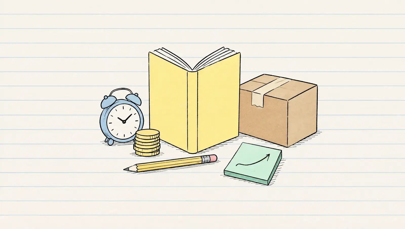 Gezeichnetes Buch mit gelbem Einband neben Paket, Wecker, kleinem Münzstapel, Bleistift und Klebezettel mit steigender Kurve